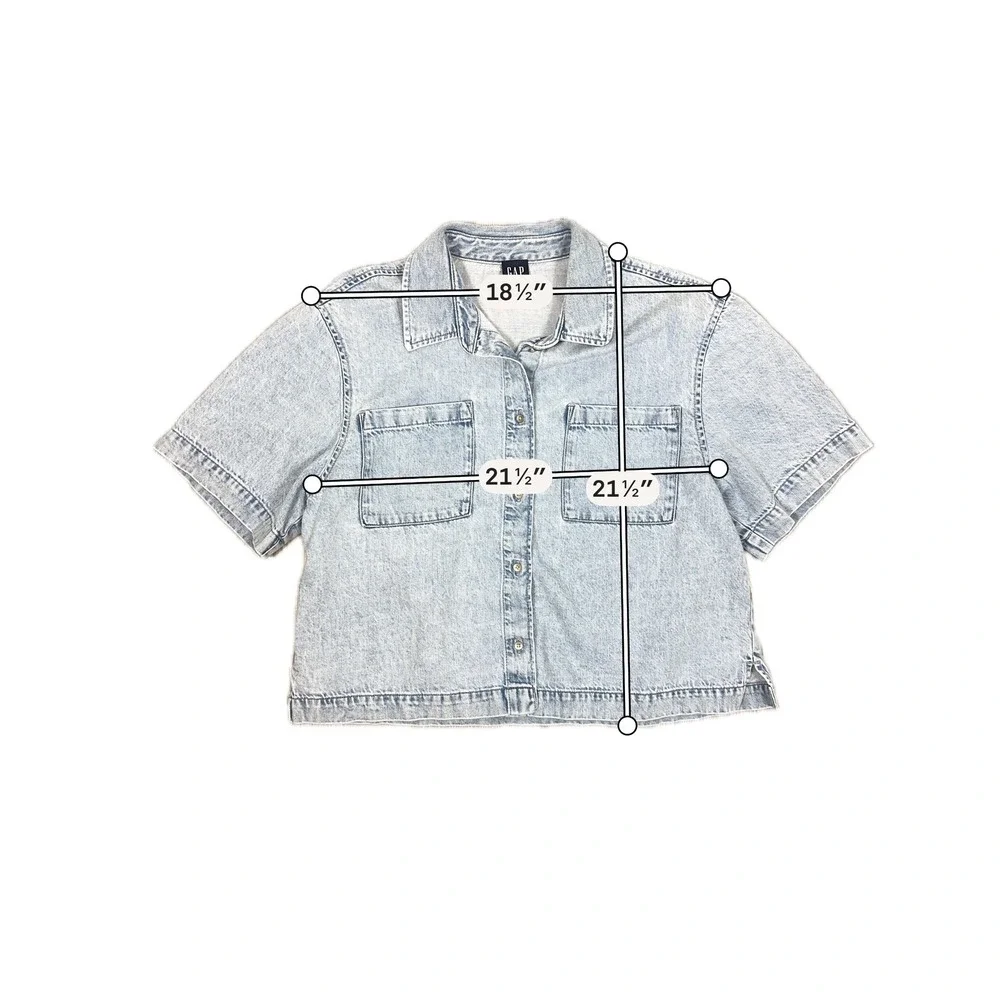 Gap Denim Short Sleeve Button Down Cropped Shirt - SIZE L Light Wash Lightweight - Picture 6 of 6